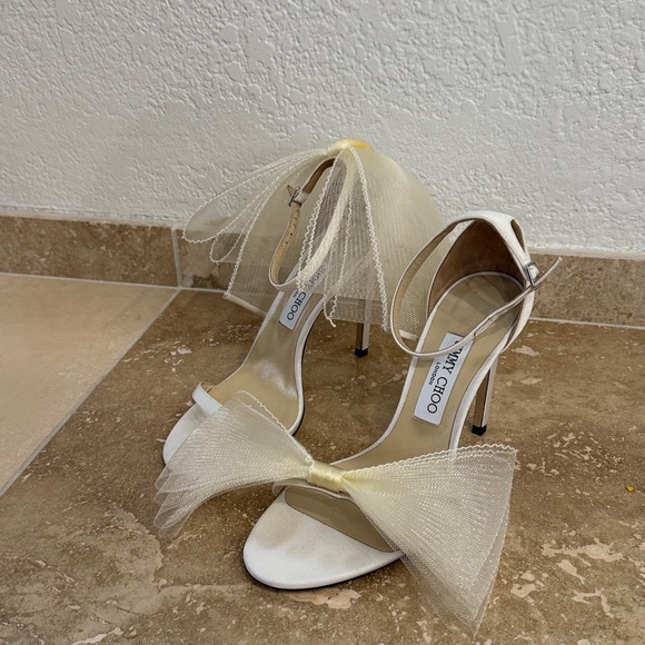 JIMMY CHOO Aveline Bow Sandals EU 39.5 US 9.5 Ivory White Wedding Bridal Heel - Picture 4 of 7